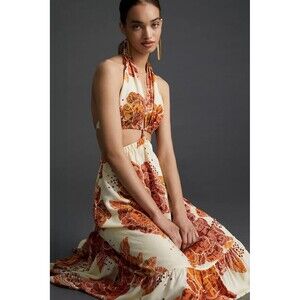 Farm Rio Anthropologie S Floral Cutout Halter Maxi Dress